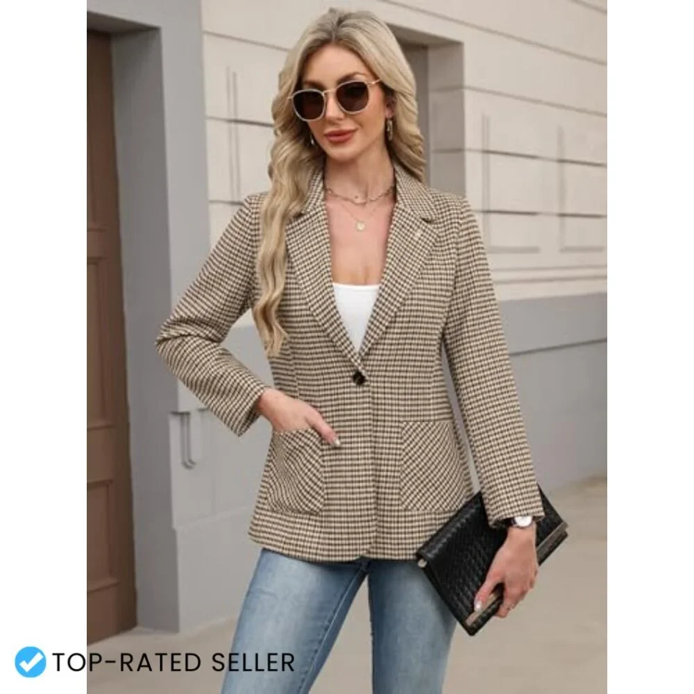 Plaid Blazer with Embroidered Collar Houndstooth Business Casual Office Jacket - Picture 5 of 7